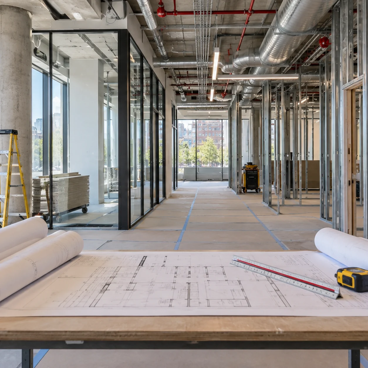 Commercial renovation work area with permit plans prepared for Toronto review