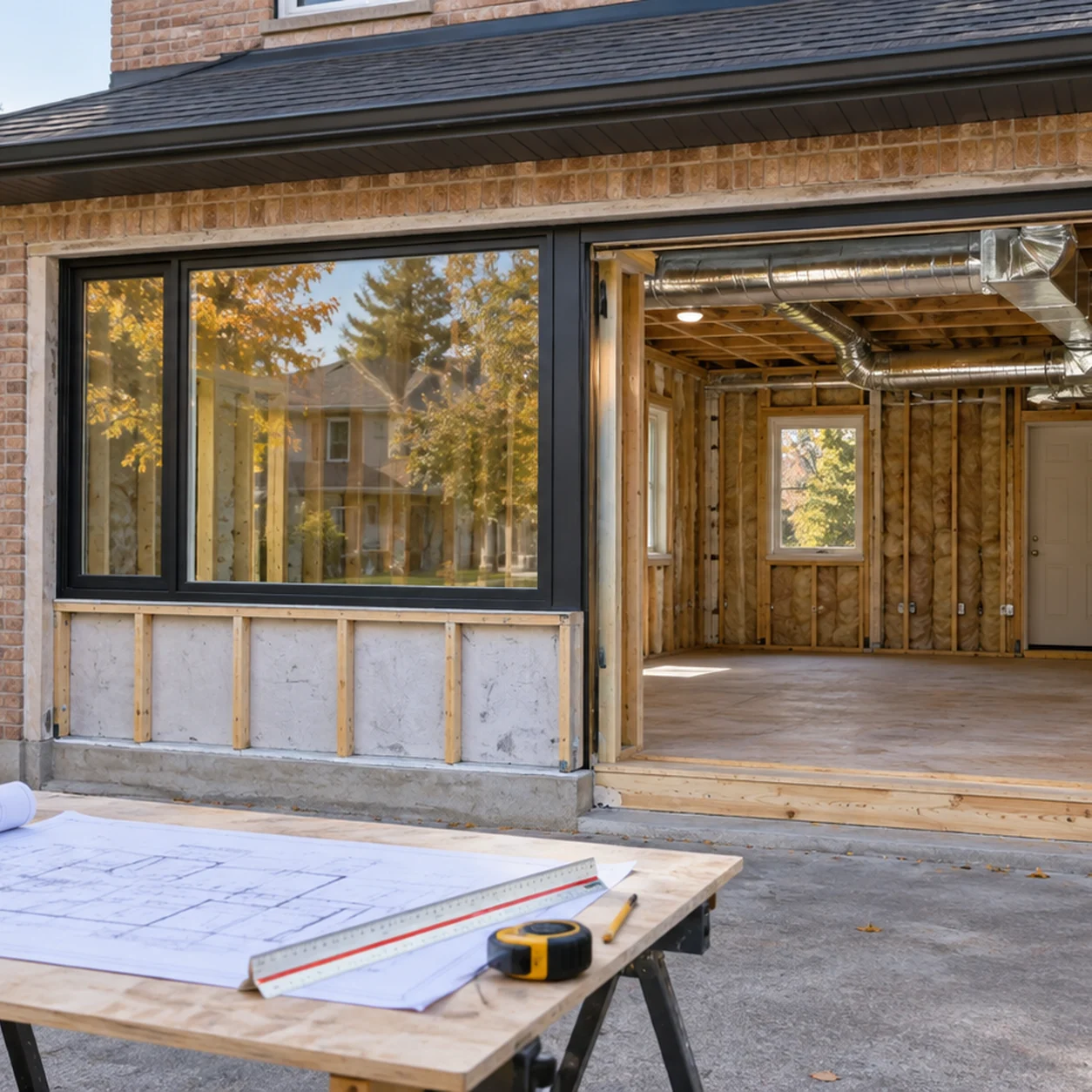 Ontario garage conversion under construction with insulation, ductwork, and permit plans