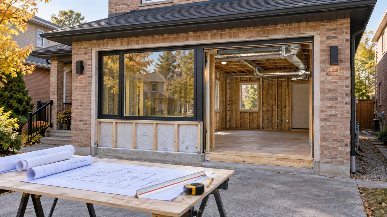 Attached Ontario garage being converted into living space with permit drawings in the foreground