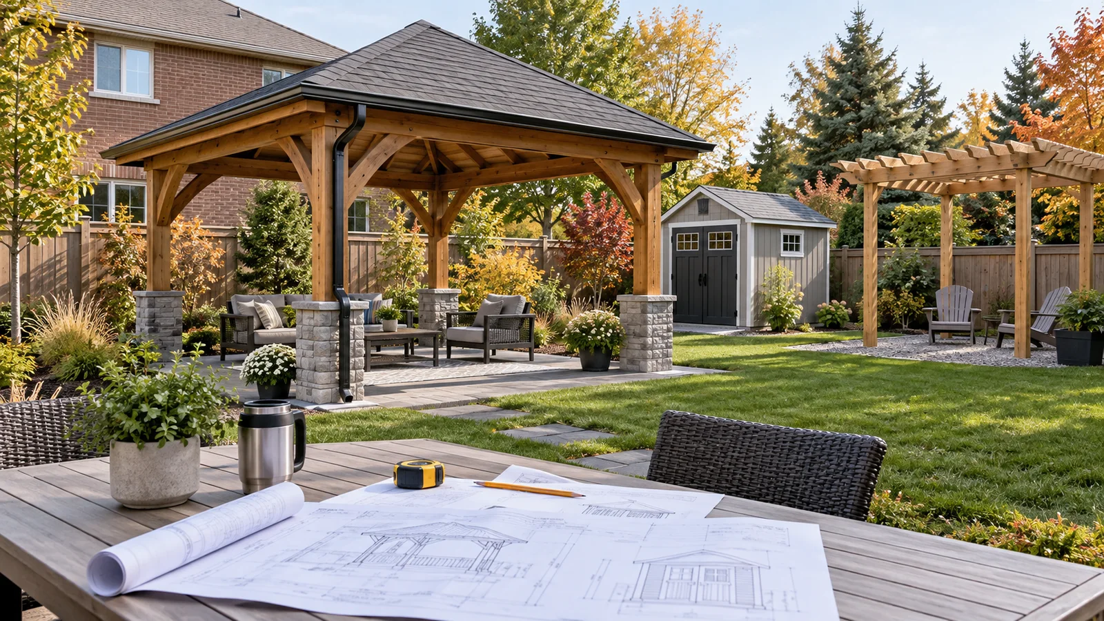 Ontario backyard with a detached gazebo, storage shed, pergola, and permit drawings
