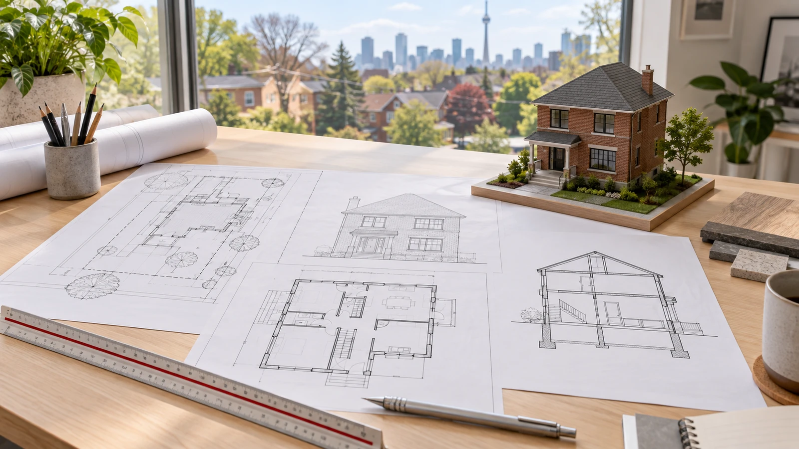 Coordinated Toronto building permit drawings on a drafting table beside a residential scale model