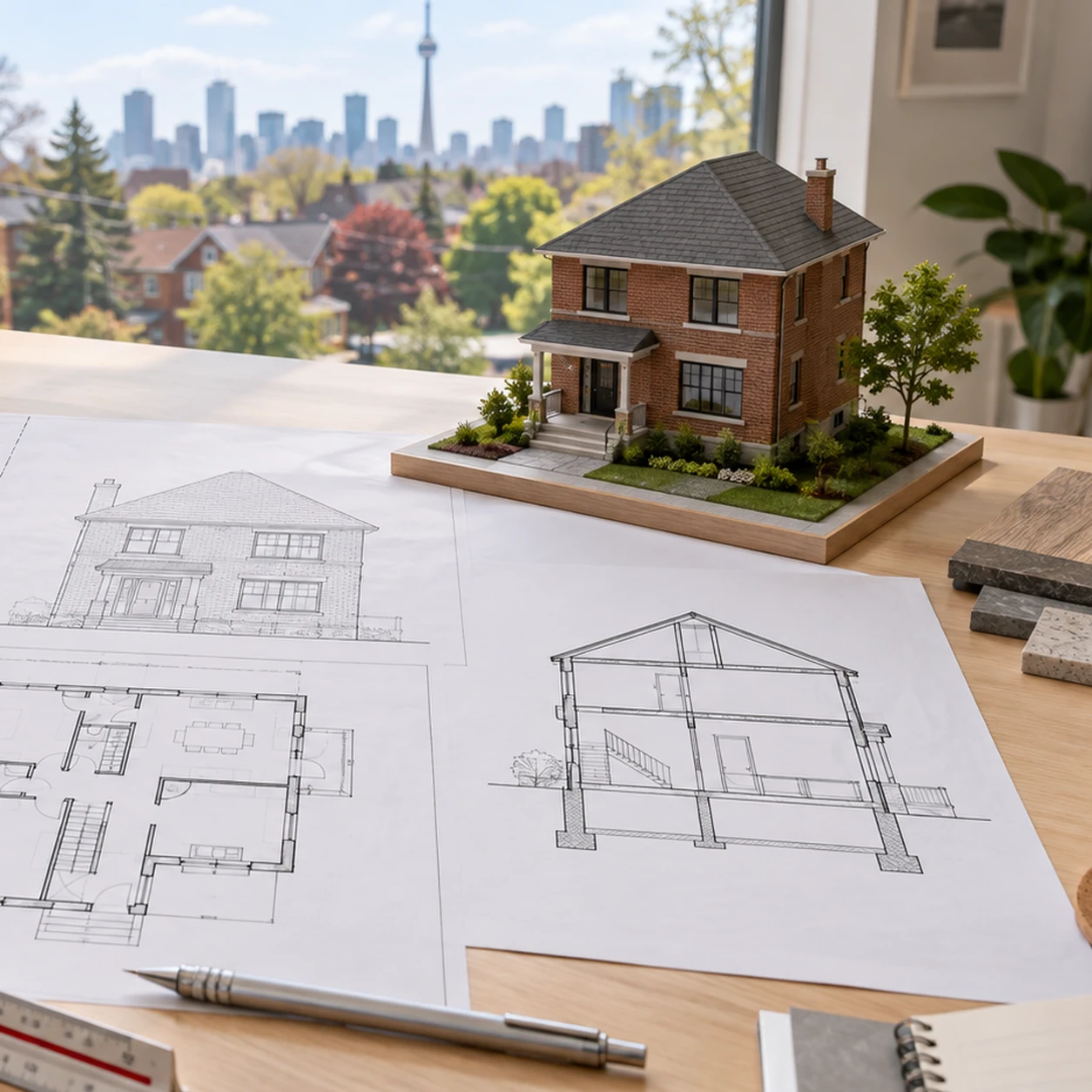 Residential scale model and coordinated building permit plans on a drafting table