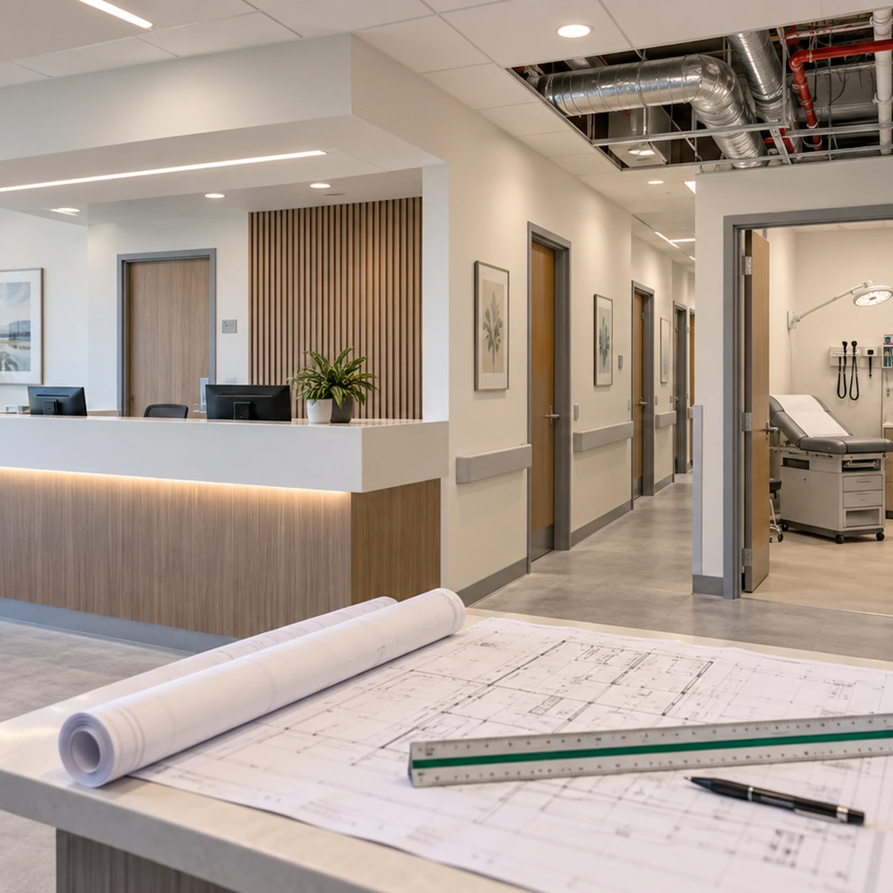 Medical clinic renovation with reception, exam room, permit drawings, and exposed ceiling services