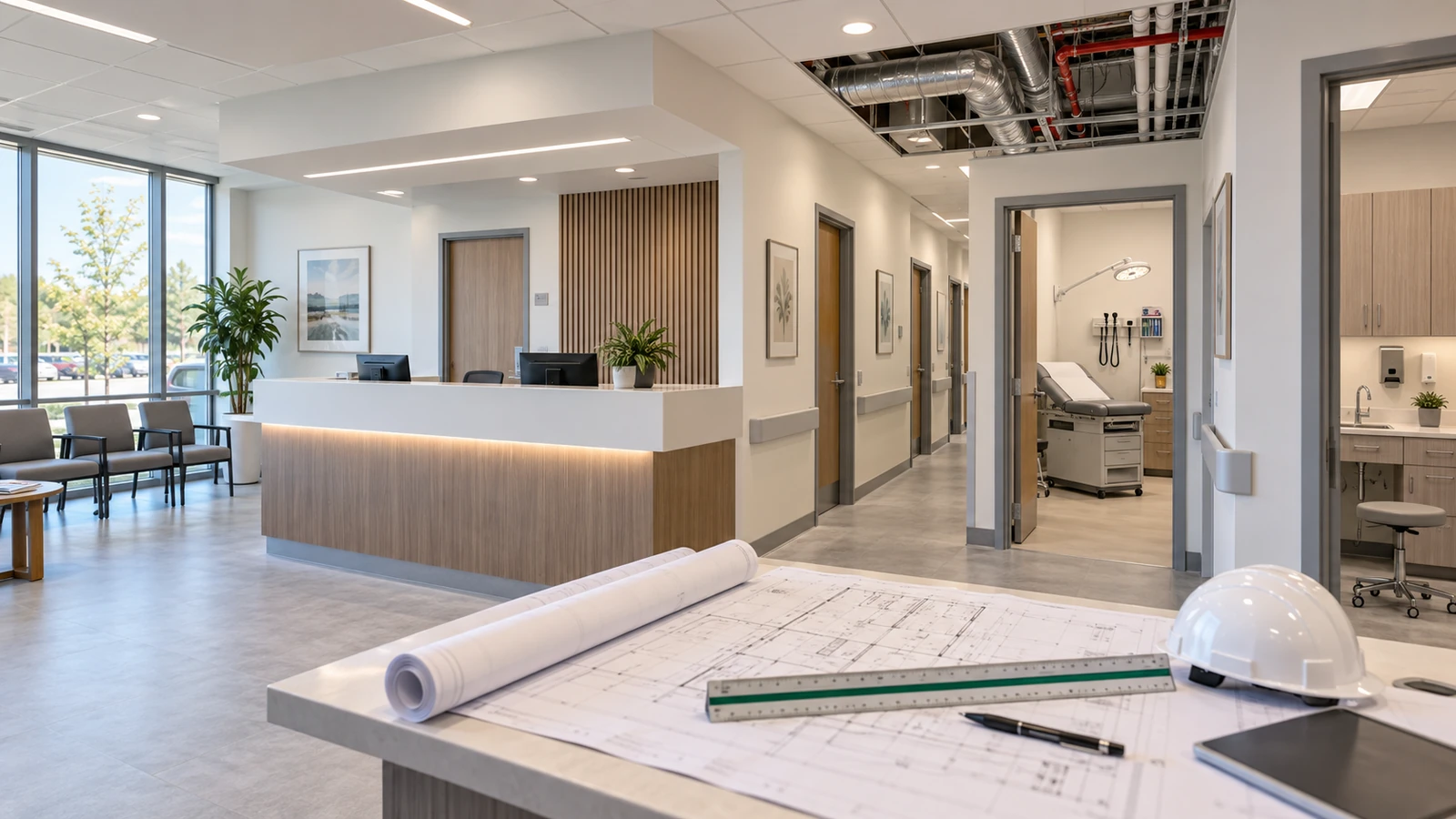 Ontario medical office renovation with reception, exam rooms, permit drawings, and coordinated ceiling services