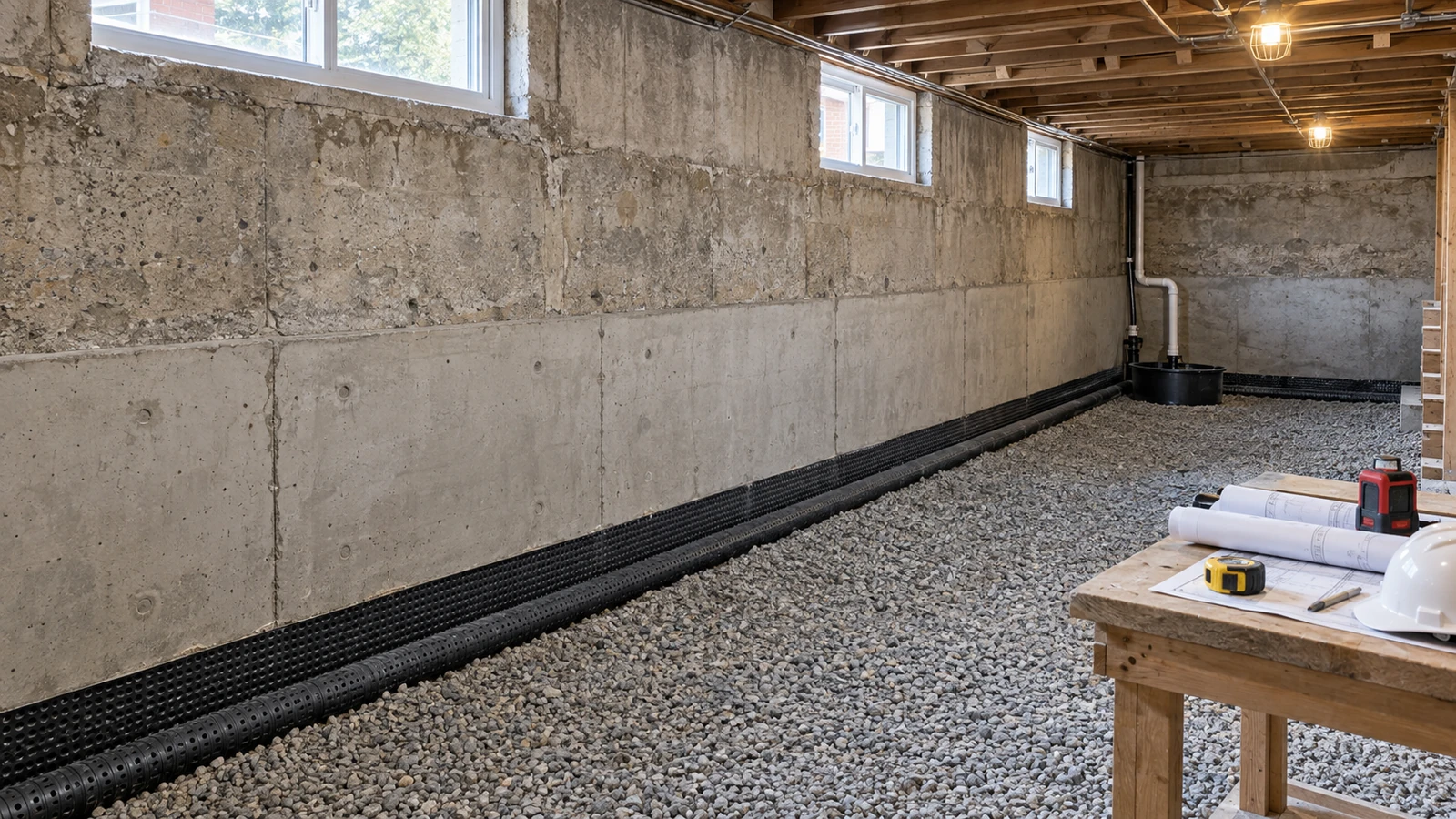 Completed Toronto basement underpinning with continuous new concrete foundation, drainage, and permit drawings