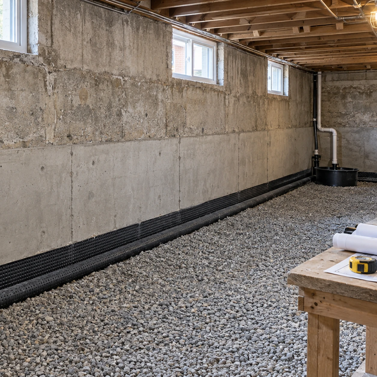 Lowered Toronto basement with continuous underpinning, drainage, sump, and permit drawings
