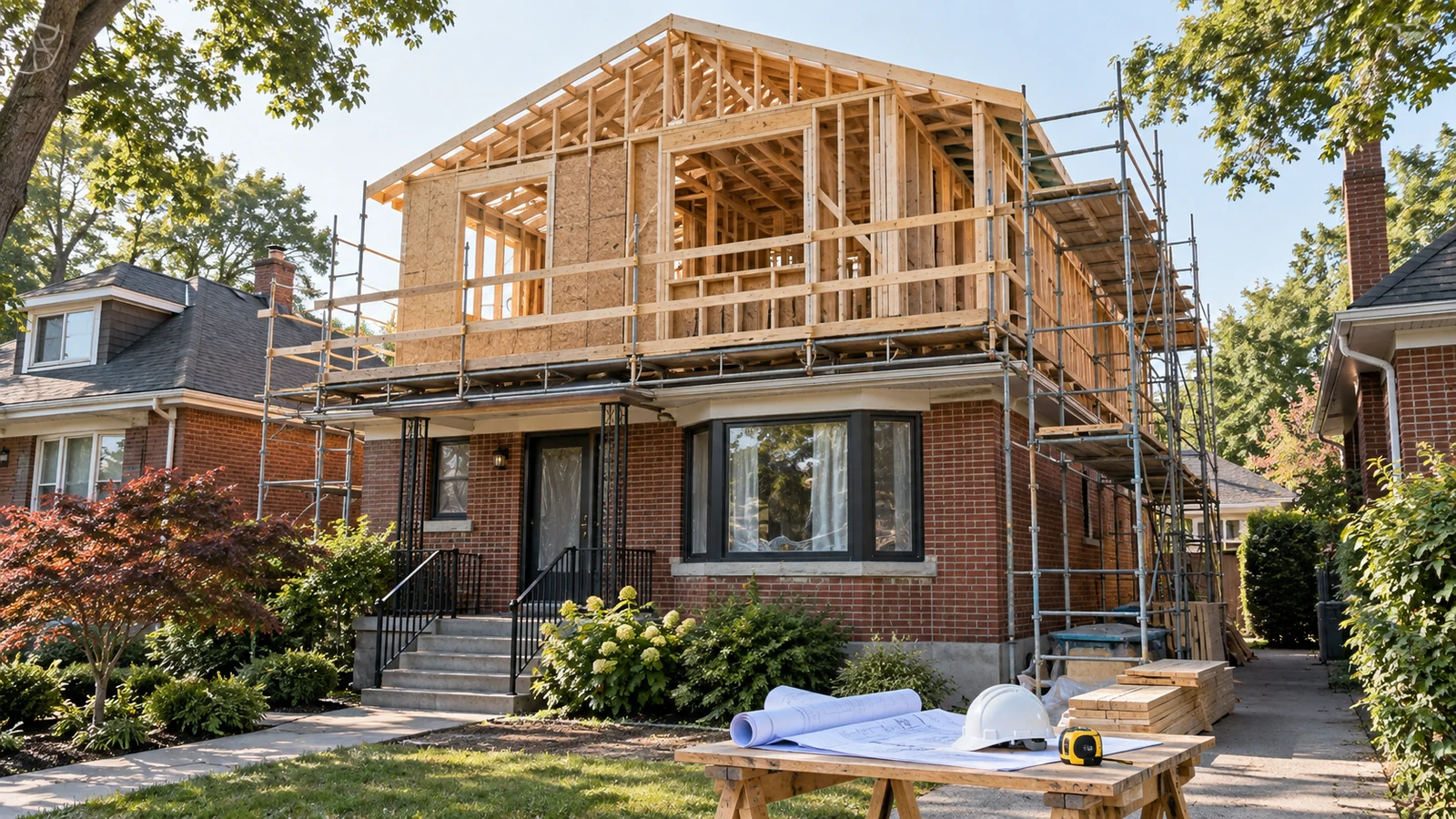 Toronto brick bungalow under construction with a framed second-storey addition and permit drawings