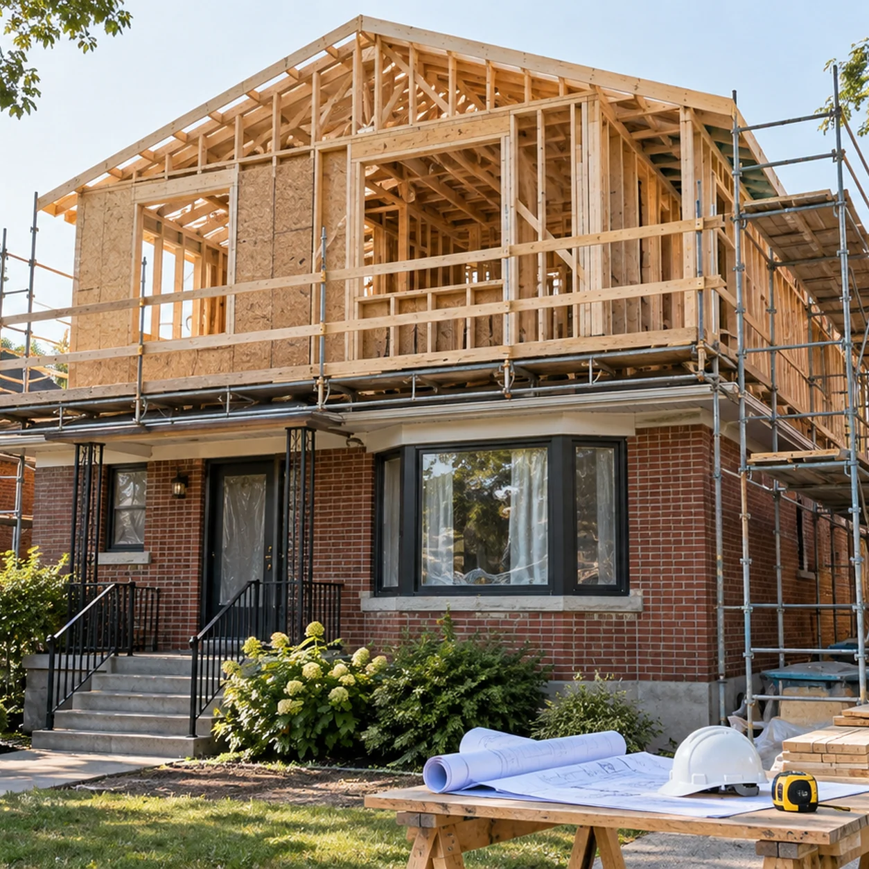 Framed second-storey addition above a Toronto brick bungalow