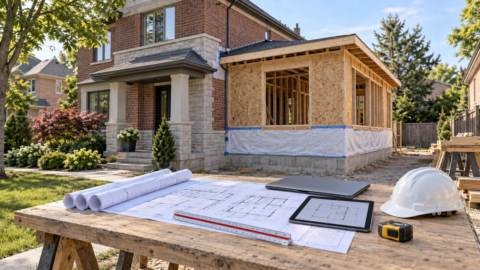 Permit drawings and digital submission tools at an orderly Markham residential construction site