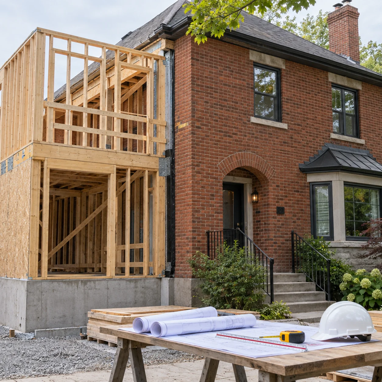 Residential side addition under construction on a narrow Toronto lot