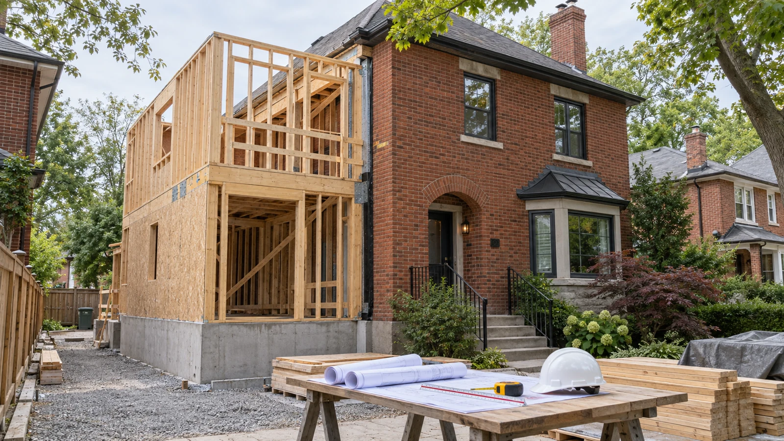 Toronto brick house with a carefully integrated side addition under construction beside coordinated permit drawings