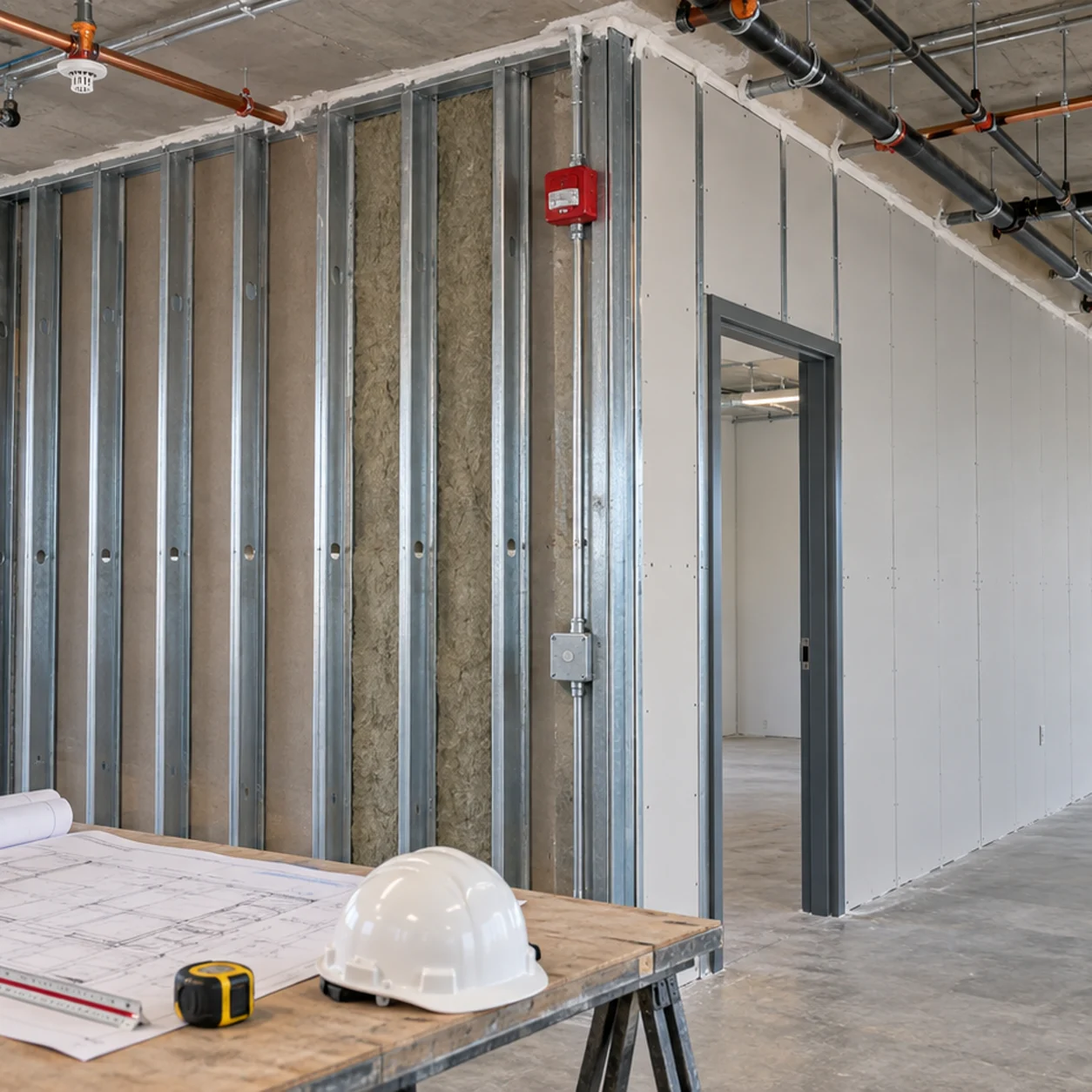 Metal-stud commercial demising wall with coordinated ceiling services and permit drawings
