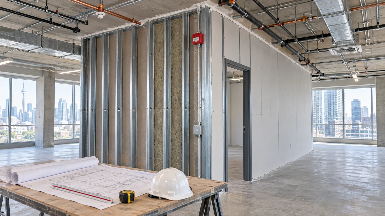 Commercial demising wall under construction in a Toronto office with coordinated building services and permit drawings