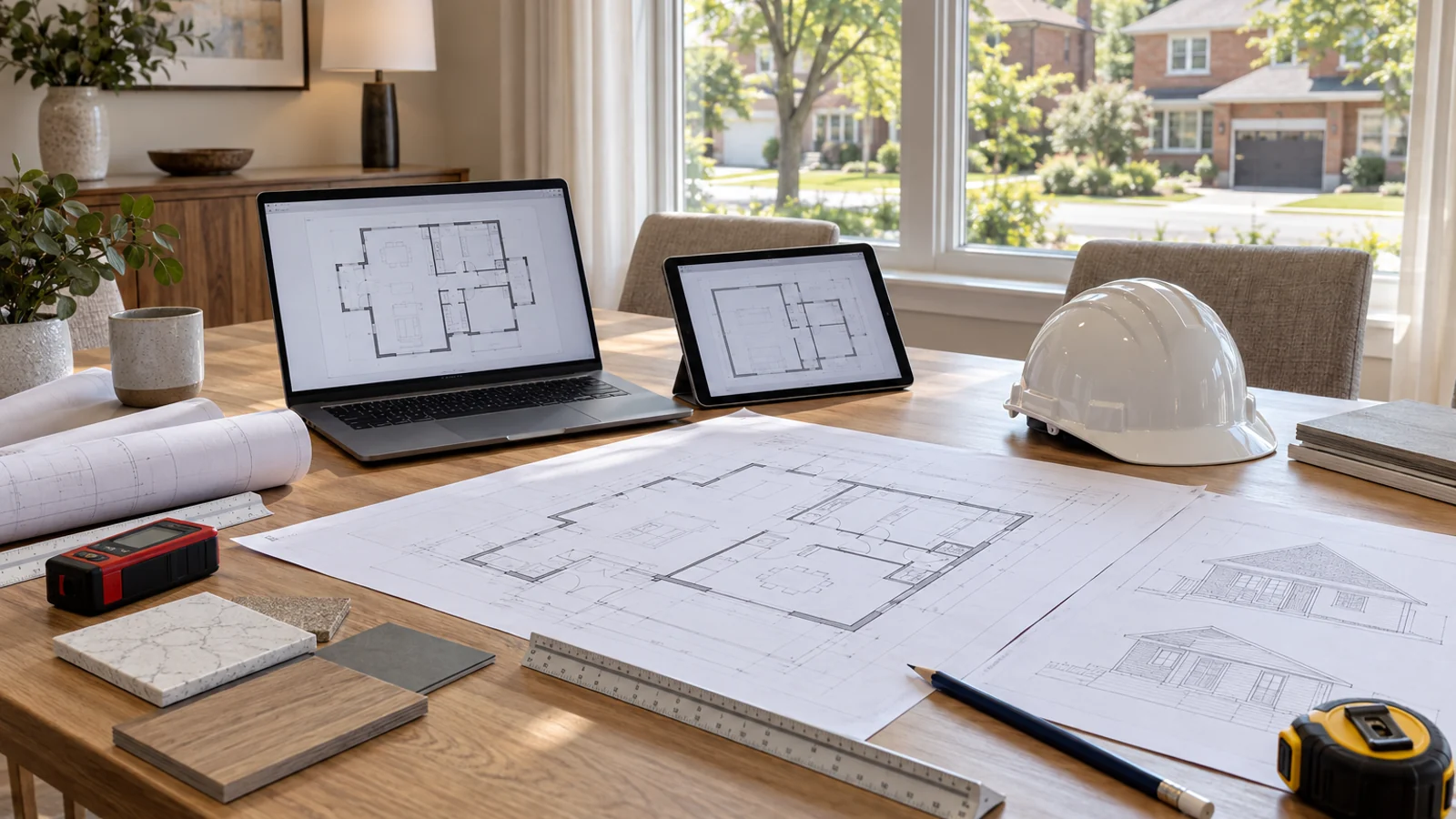 Coordinated permit drawings beside digital submission tools in a Mississauga home
