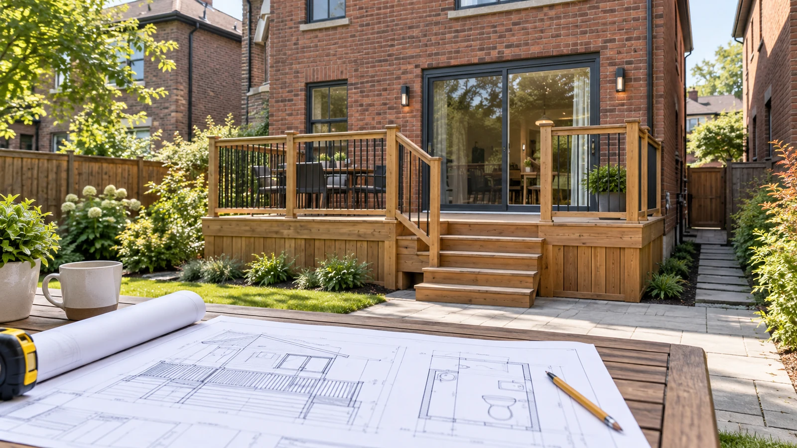 Illustration of a Toronto-style rear deck, sliding patio door and permit drawings