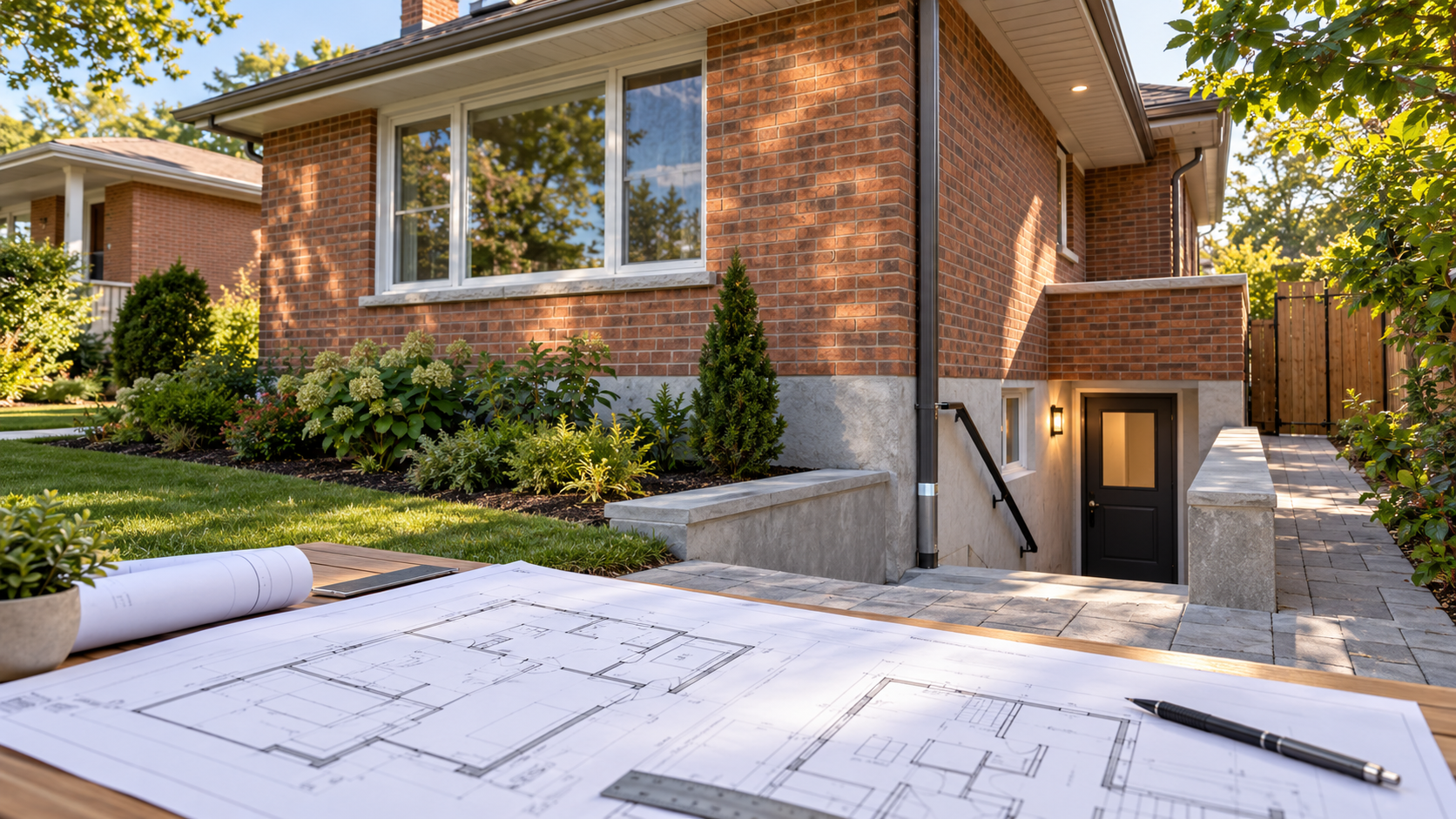 Illustration of a Scarborough basement apartment entrance with permit drawings