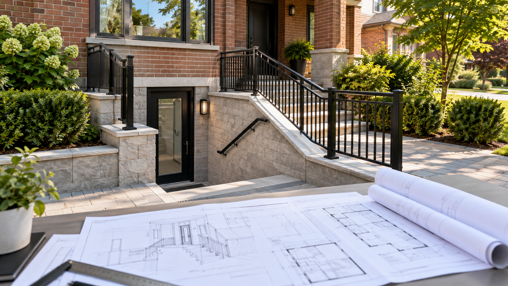 Illustration of a Toronto front basement walkout with architectural and structural permit drawings