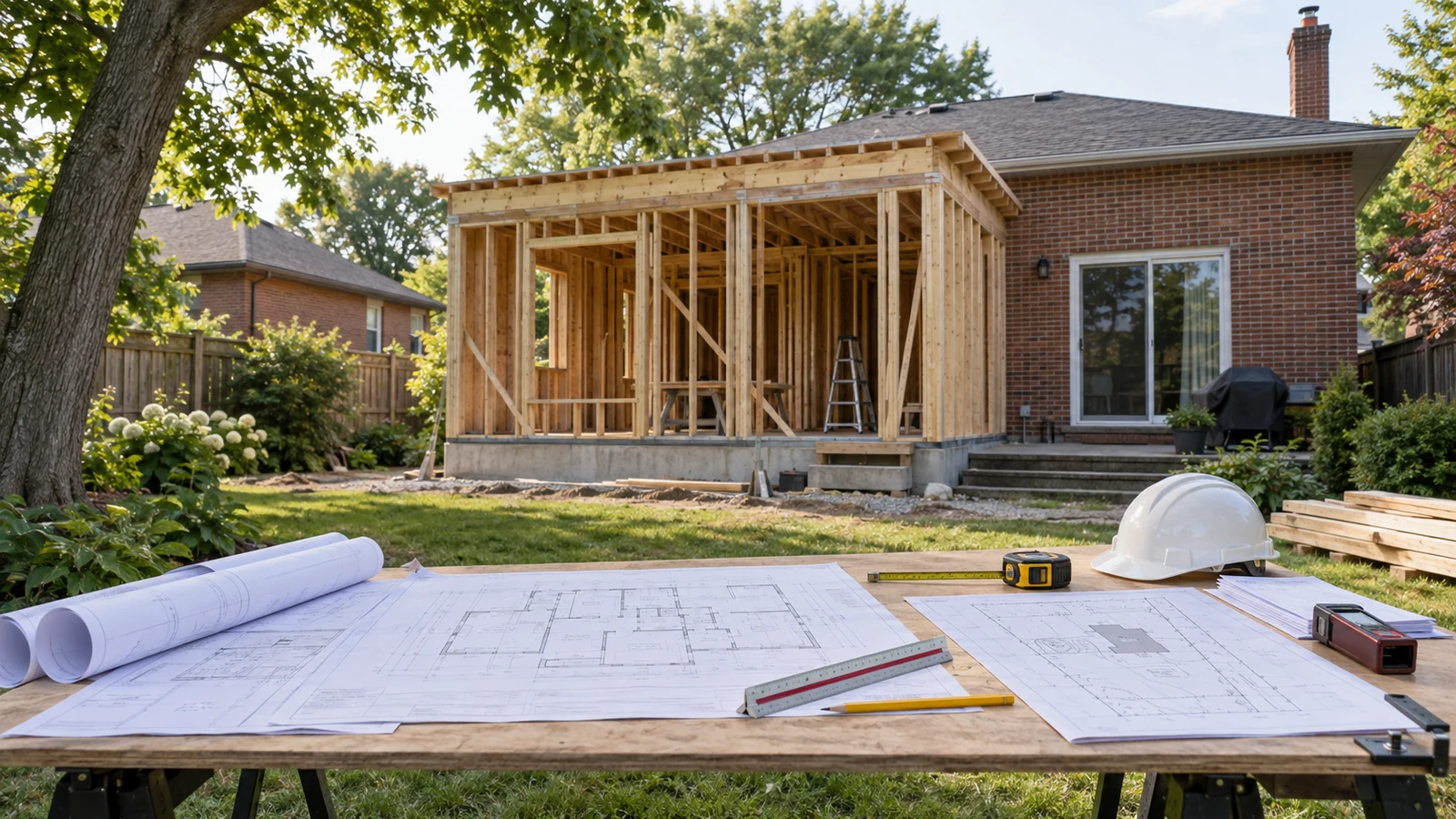 Burlington home addition framing with building permit drawings prepared for municipal review