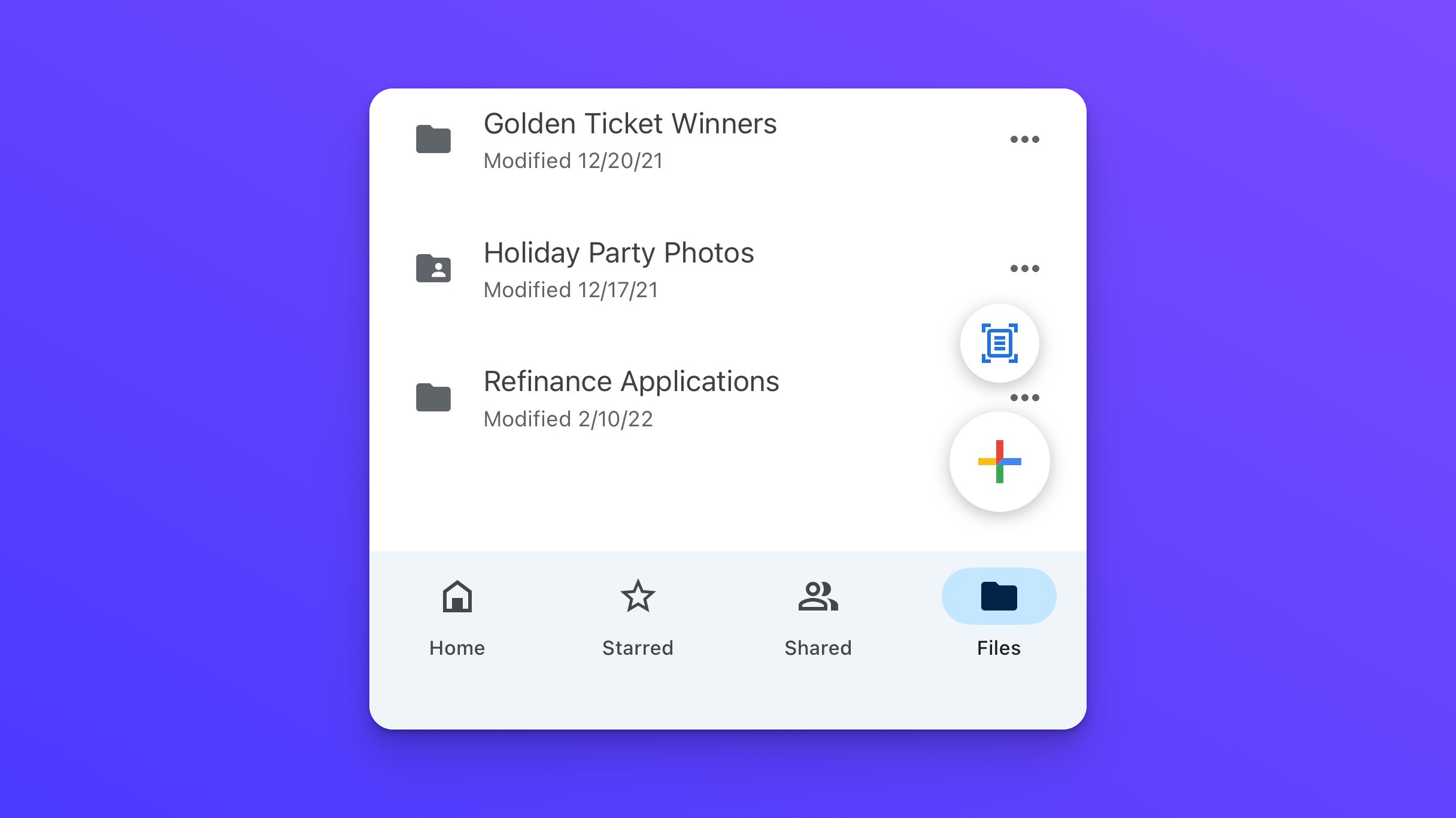 Google Drive mobile app showing the plus button for uploading files from a phone