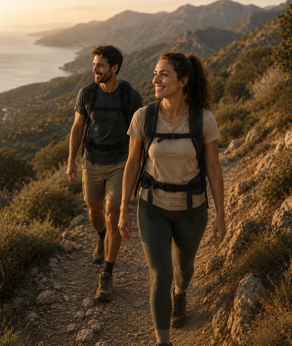 Two hikers enjoying an outdoor mountain trail, representing healthy living and preventive wellness