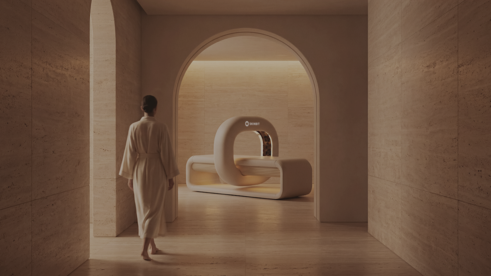 A patient approaches the SkinBit full-body skin imaging scanner inside a modern screening suite."