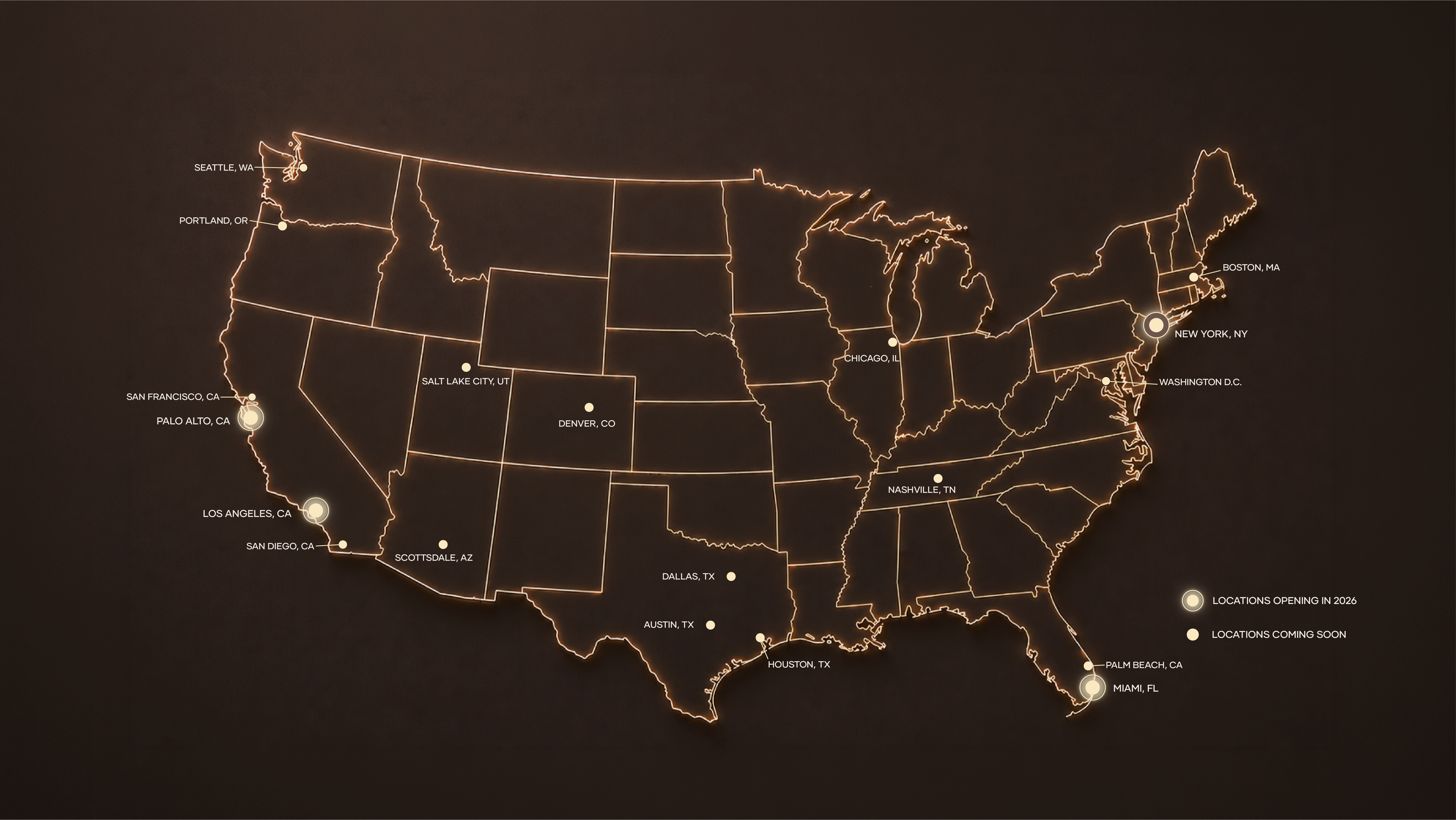 A map of the USA with SKINBIT locations of opening soon locations and coming soon locations
