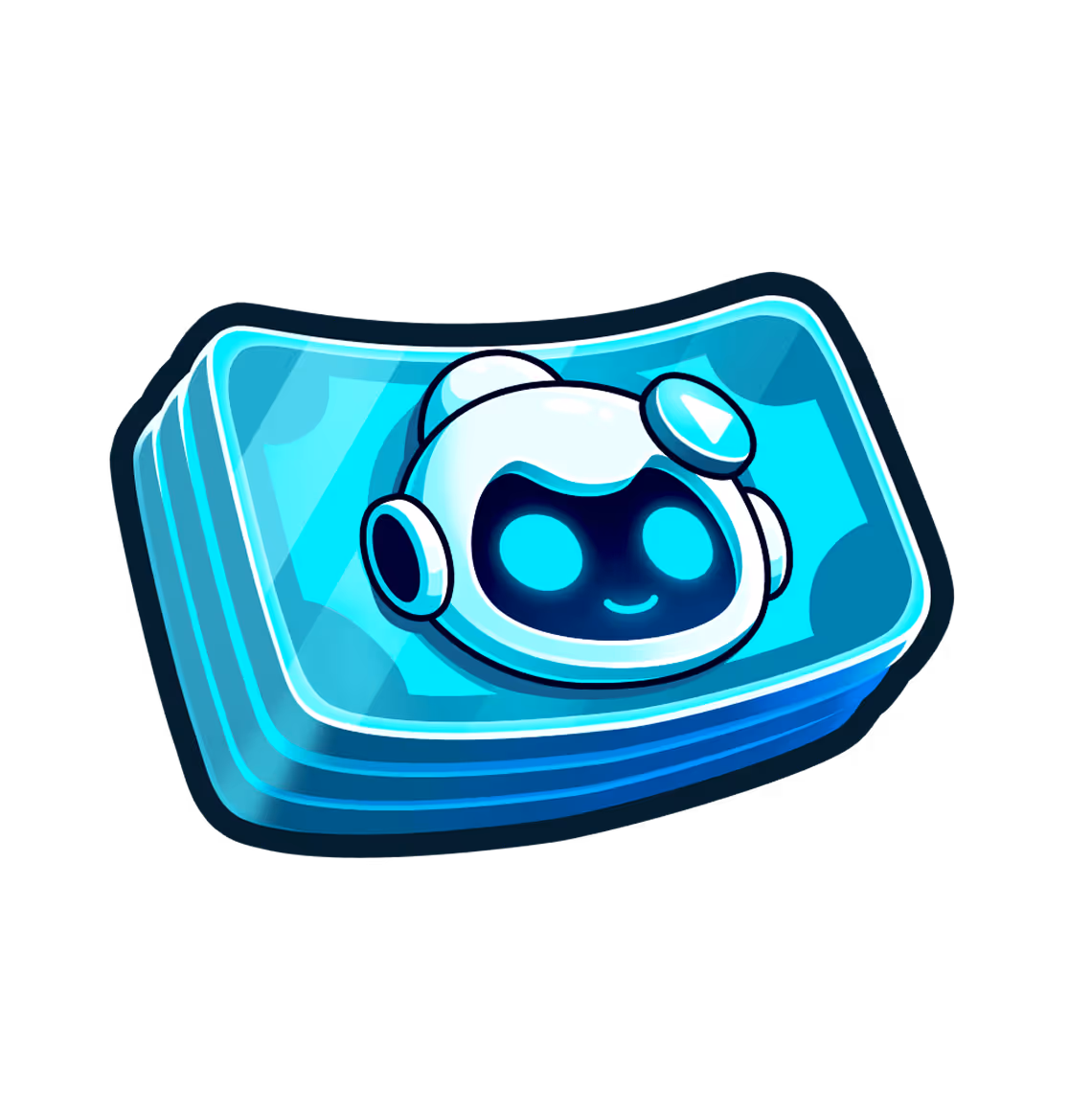 Stack of glowing blue cards with a smiling robot face icon on top.