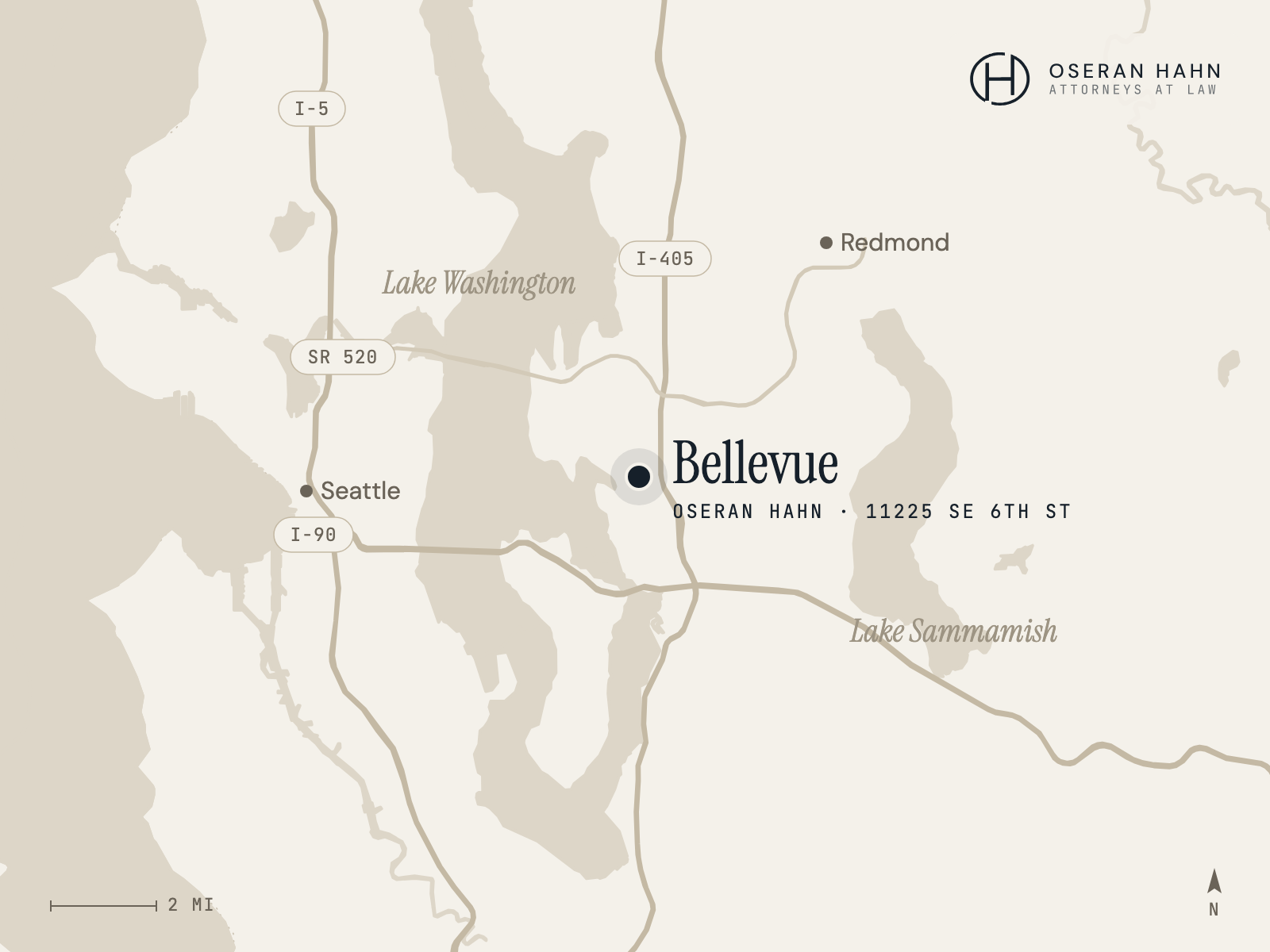 Map of Oseran Hahn's Bellevue office and its service area across the Eastside and King County