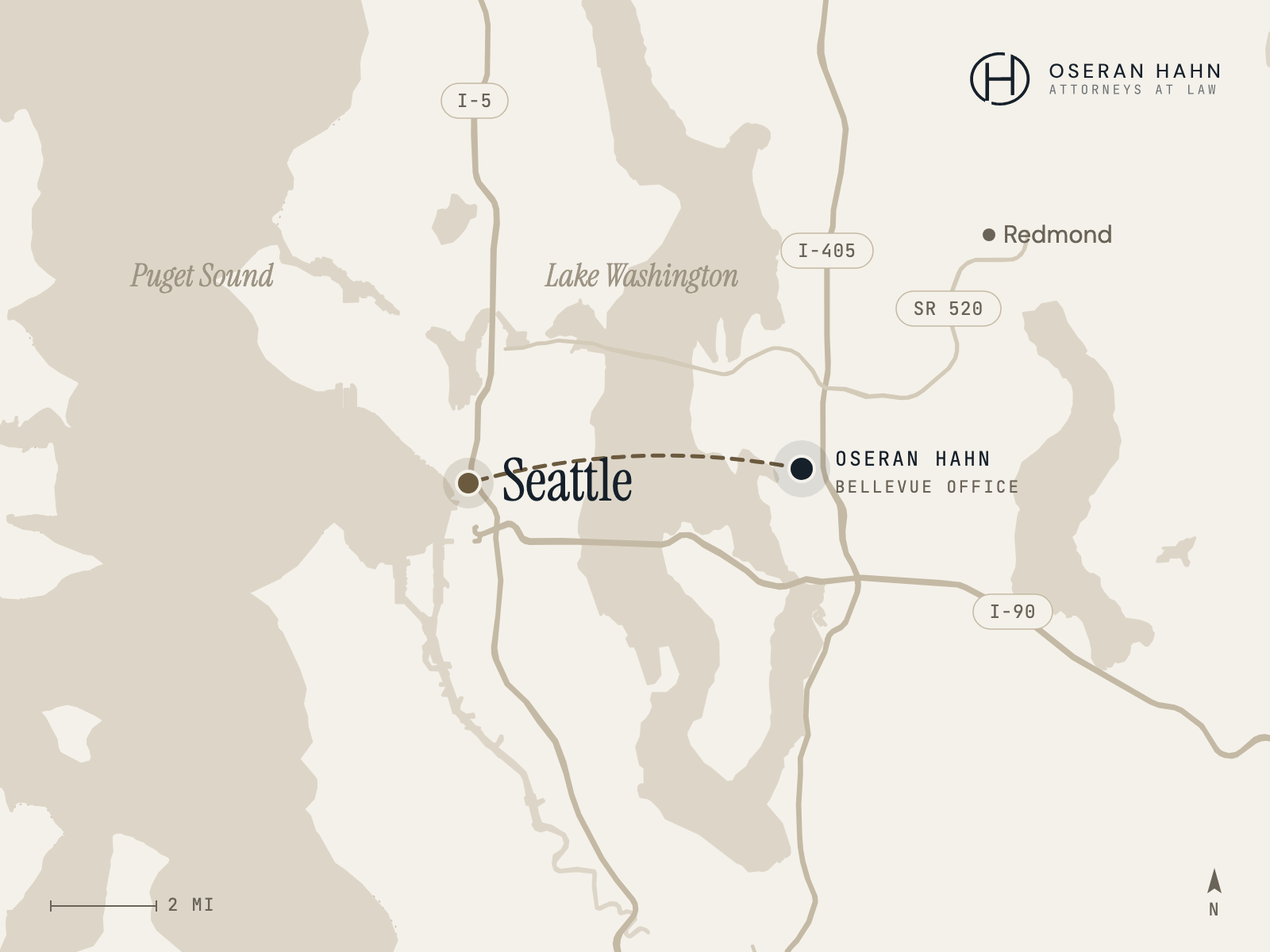 Map showing Oseran Hahn's Bellevue office and its service area reaching Seattle across Lake Washington
