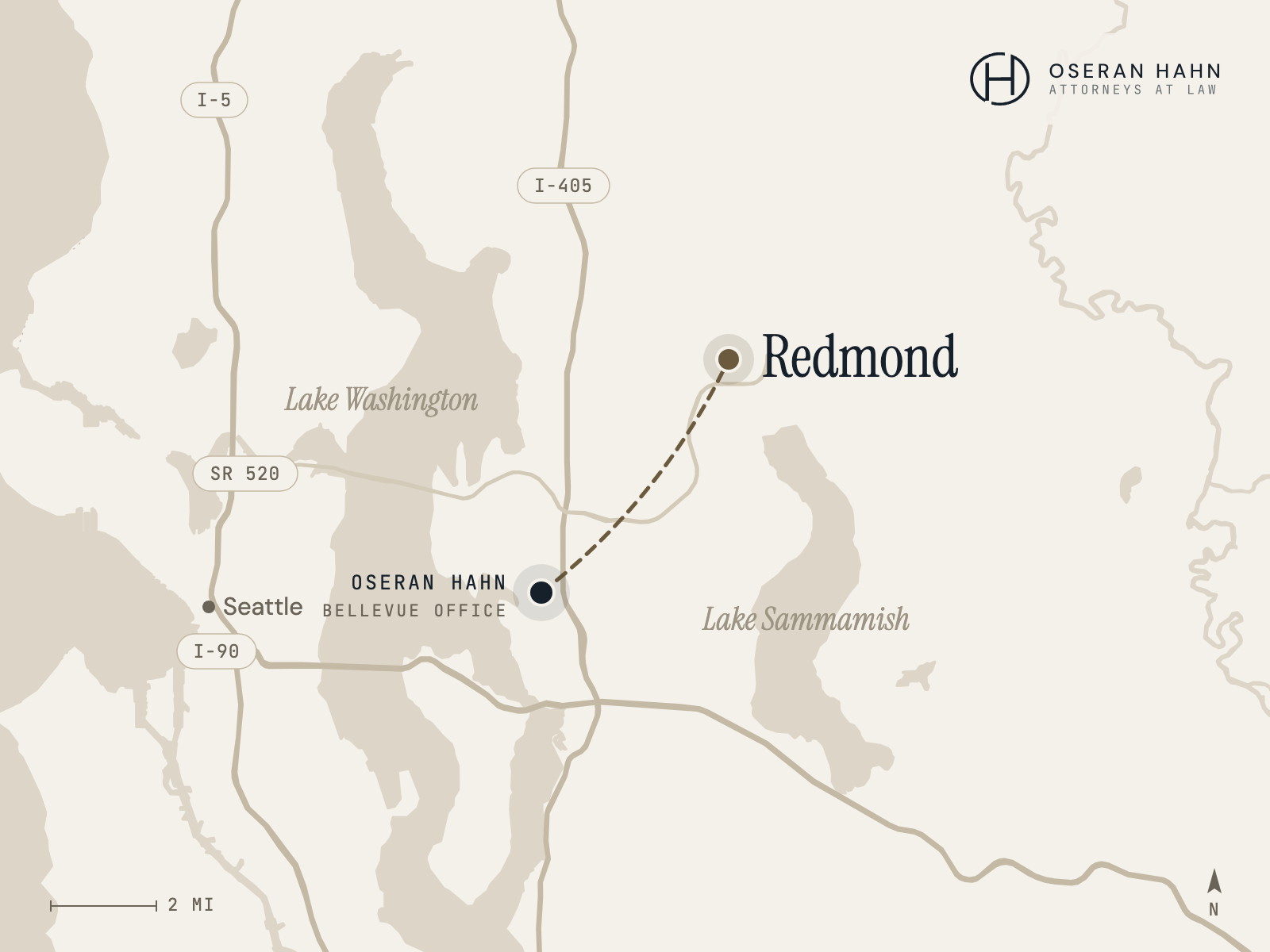 Map of Oseran Hahn's Bellevue office and its service area reaching Redmond, WA