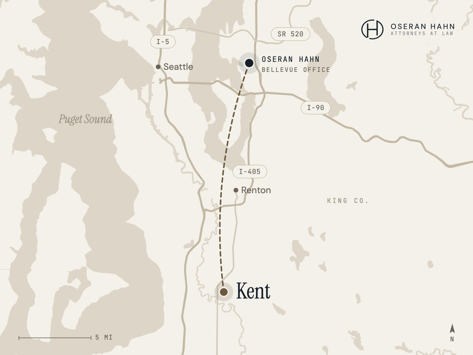Map of Oseran Hahn's Bellevue office and its service area reaching Kent, WA