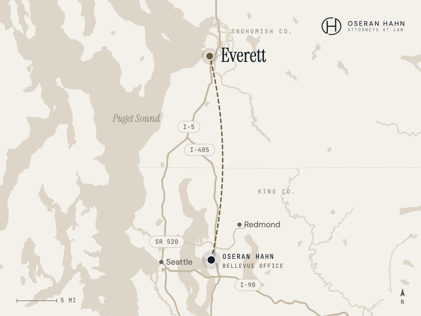 Map of Oseran Hahn's Bellevue office and its service area reaching Everett, WA in Snohomish County