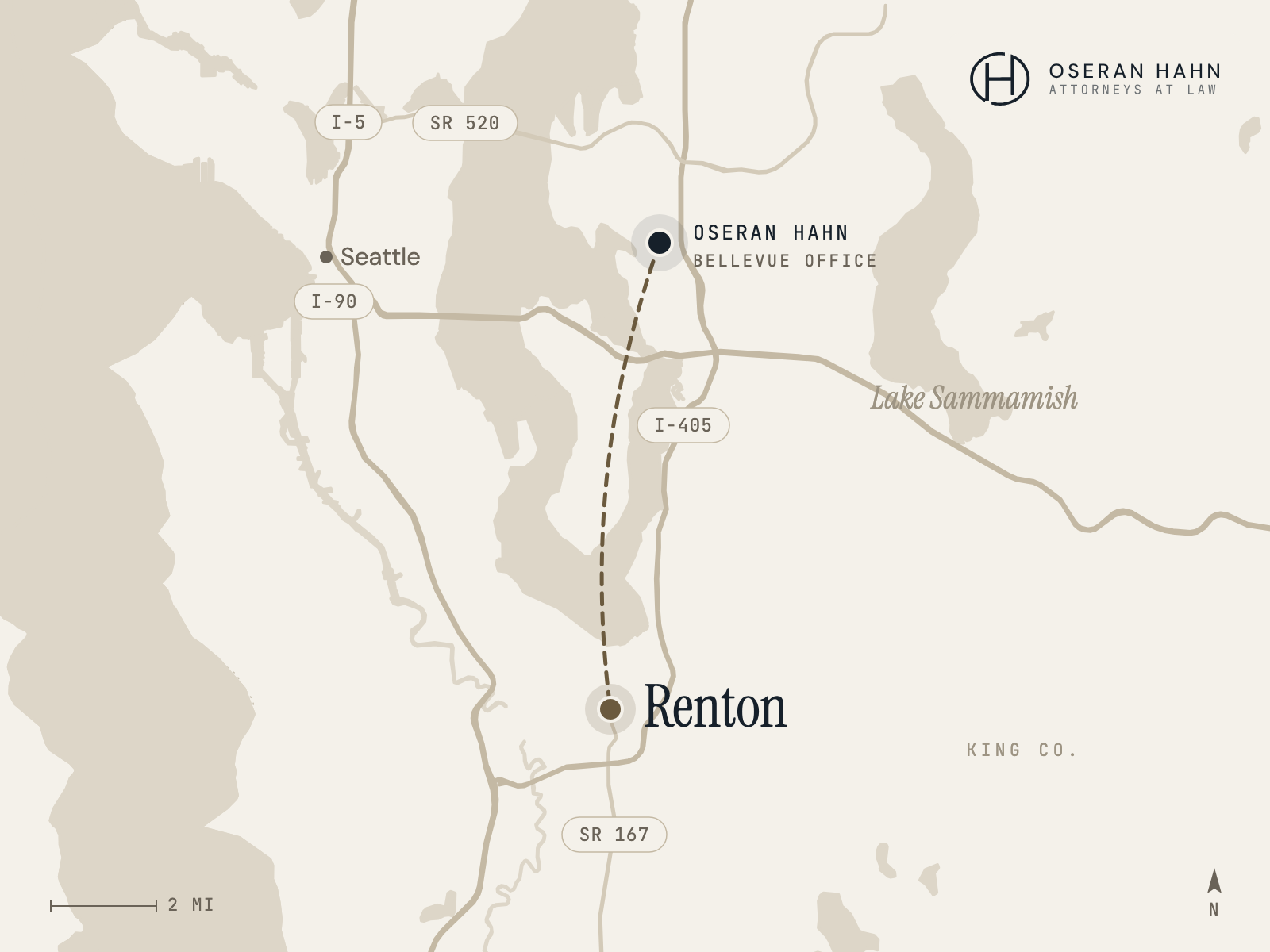 Map of Oseran Hahn's Bellevue office and its service area reaching Renton, WA