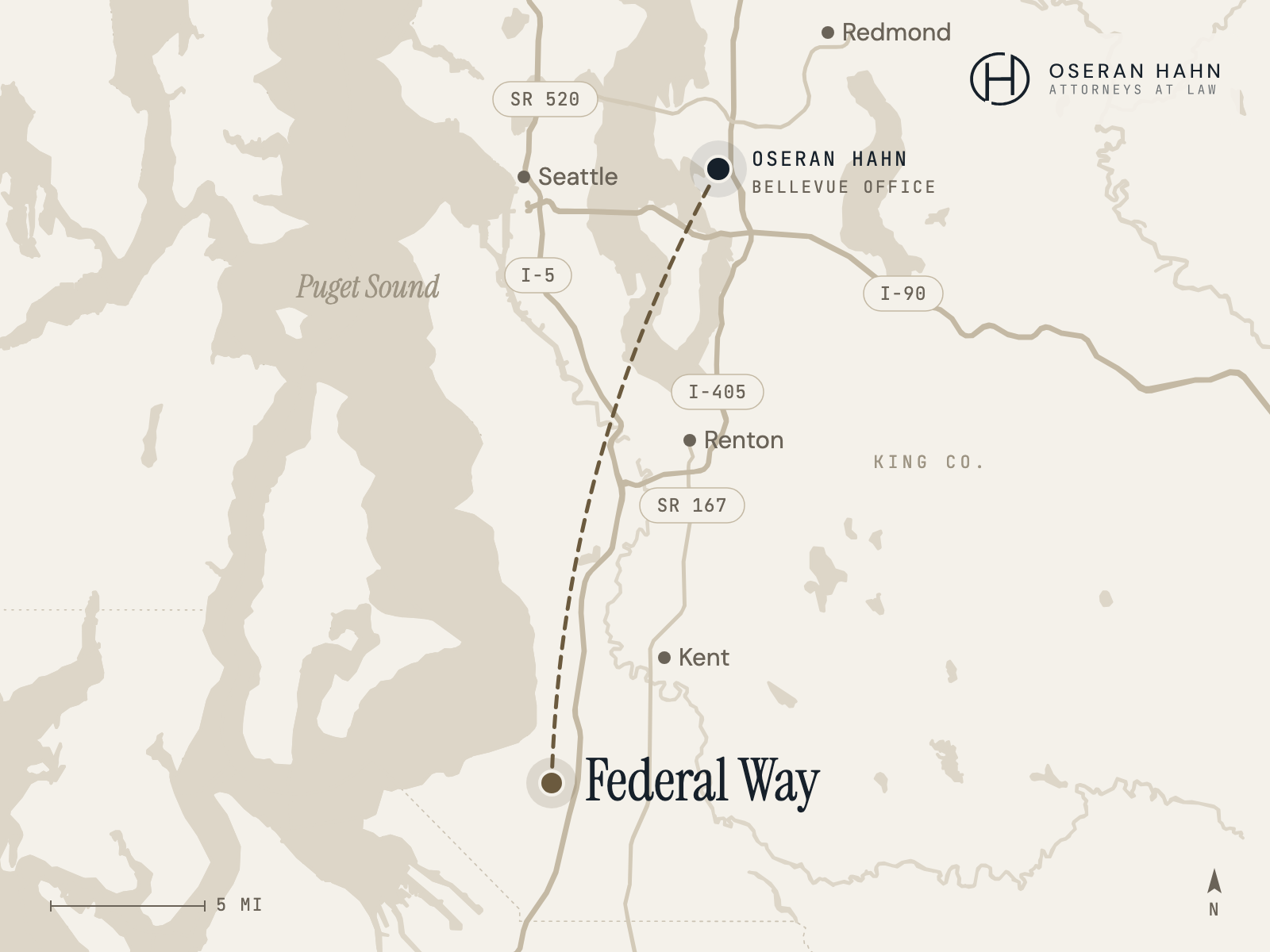 Map of Oseran Hahn's Bellevue office and its service area reaching Federal Way, WA