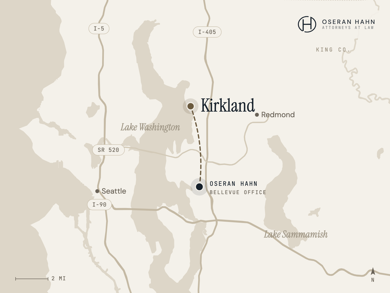 Map of Oseran Hahn's Bellevue office and its service area reaching Kirkland, WA
