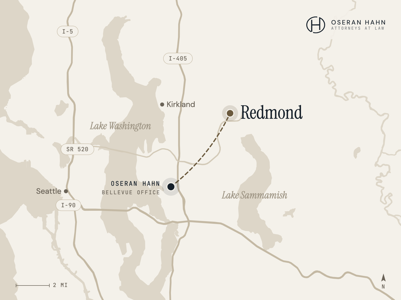 Map of Oseran Hahn's Bellevue office and its service area reaching Redmond, WA