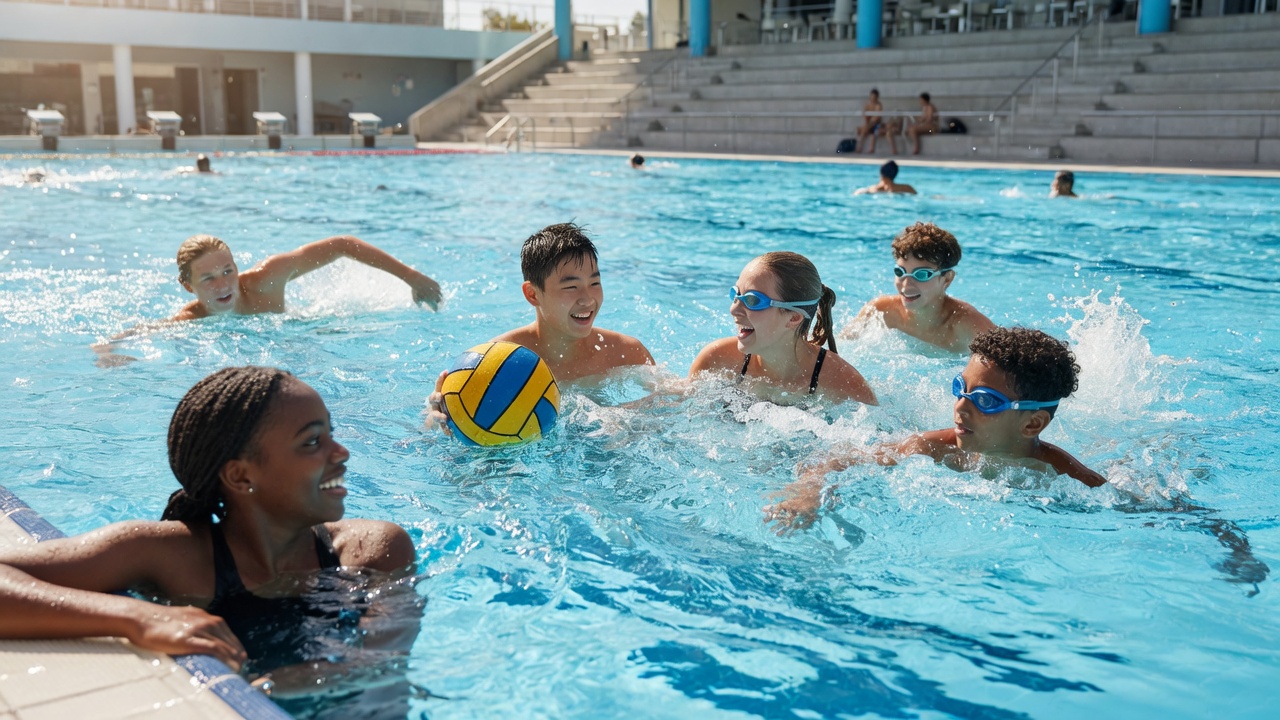 Back Bay swim and water polo athletes together in the pool on a sunny day