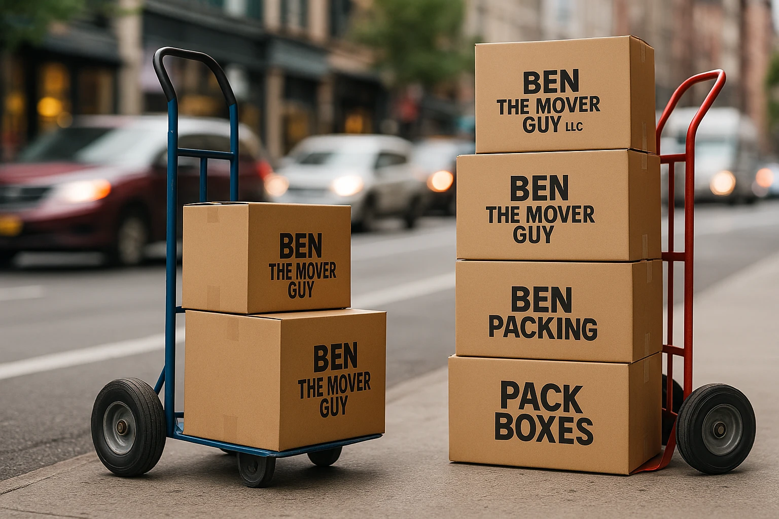 A close-up of two moving dollies and a stack of sturdy packing boxes with the