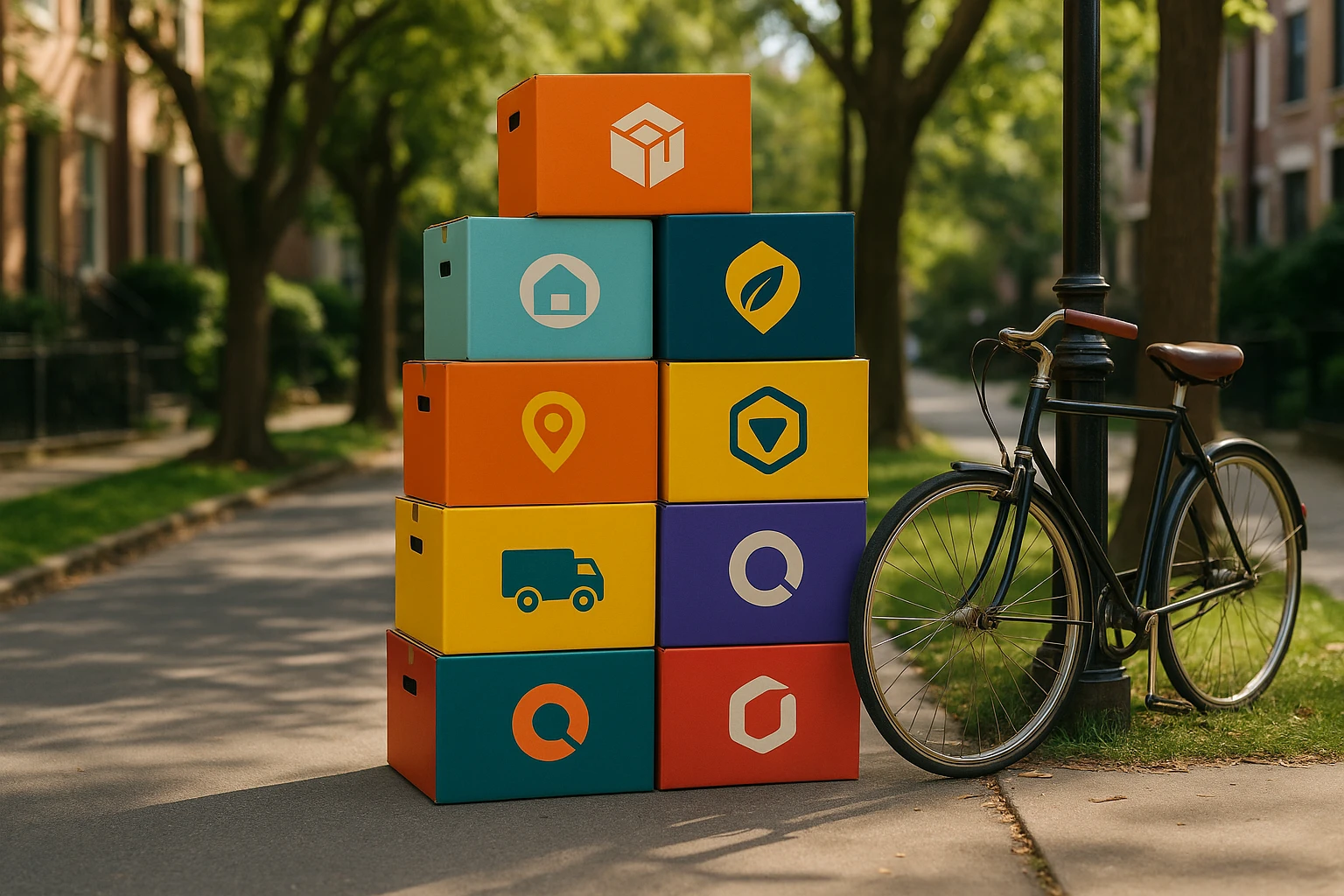A stack of colorful moving boxes with various alternative company logos, lined up neatly along a tree-lined neighborhood sidewalk, with a vintage bicycle leaning against a nearby lamppost.