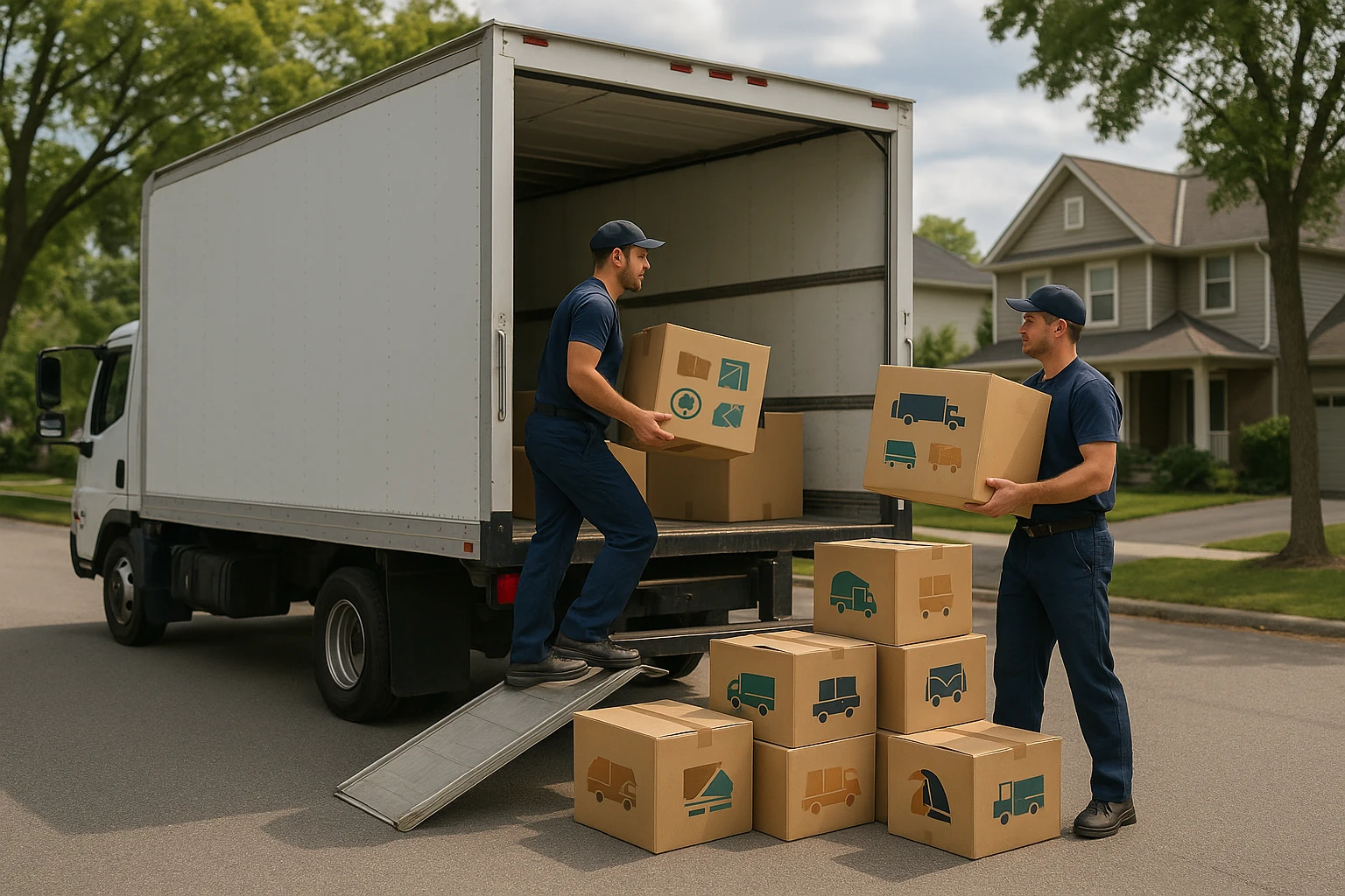 A moving truck parked on a suburban street, with workers loading boxes labeled with various alternative moving company logos onto the vehicle, set against a backdrop of houses and trees.