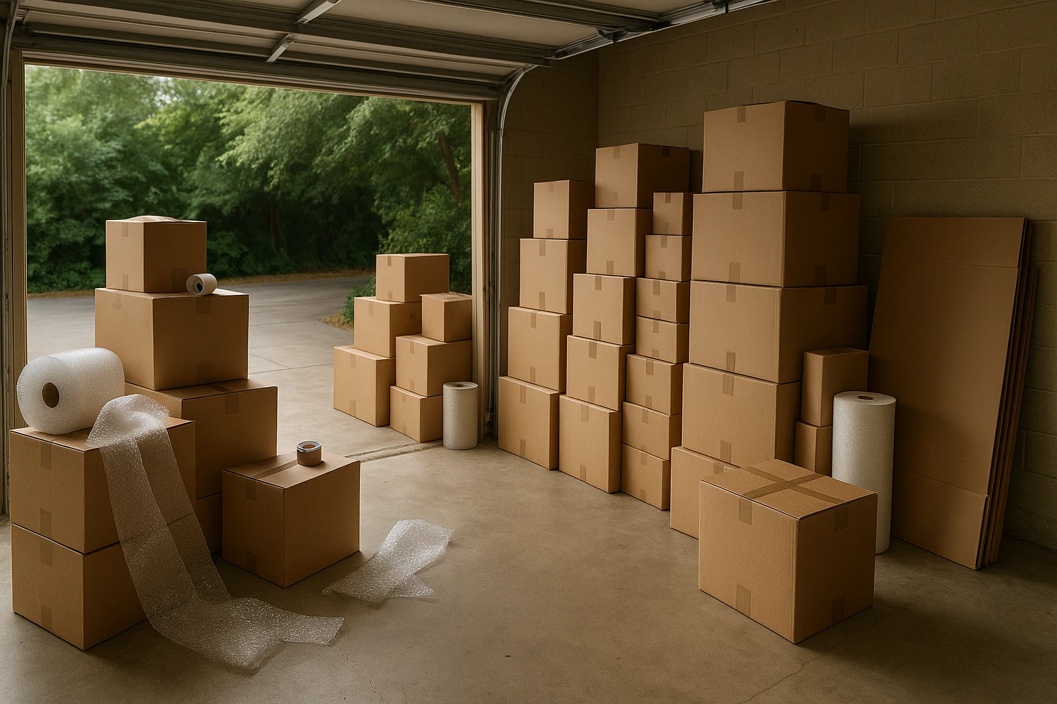 An open garage filled with cardboard boxes labeled with