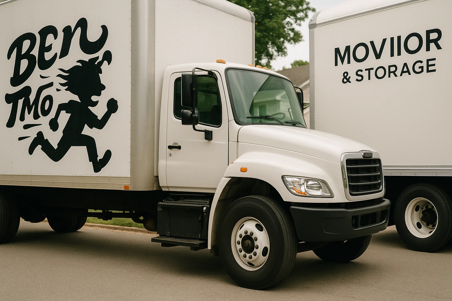 A close-up of two moving trucks parked side by side in a suburban neighborhood; one features the logo of Ben The Mover Guy LLC with a quirky, energetic font, while the other showcases Superior Moving & Storage's sleek, professional branding.
