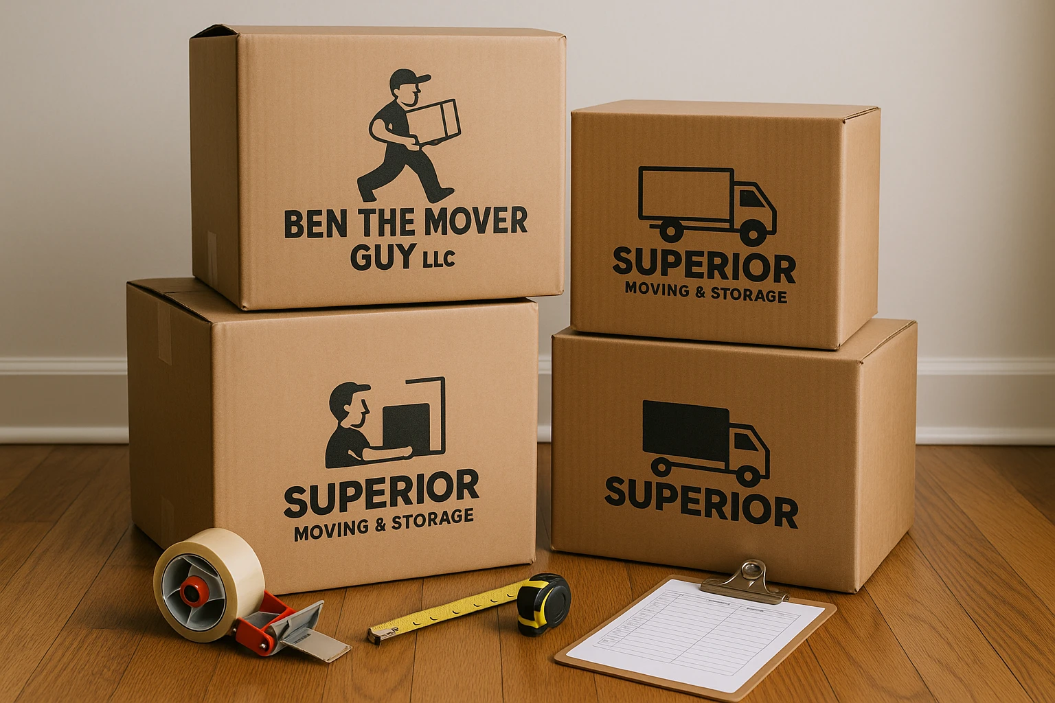 Stacks of cardboard boxes labeled with
