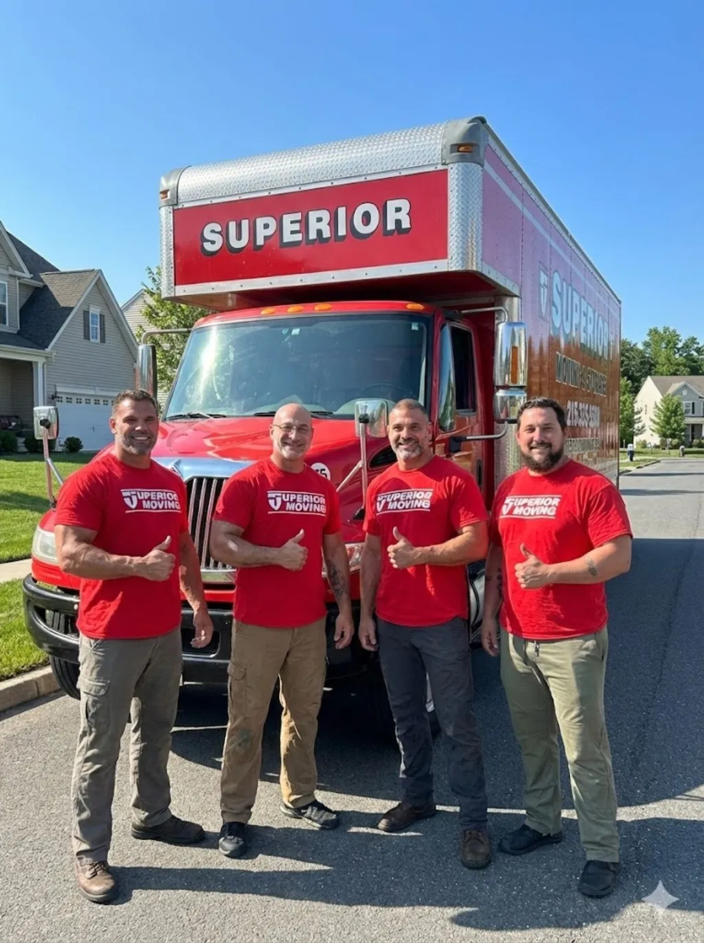 Four uniformed Superior Moving and Storage team members standing in front of a branded red moving truck