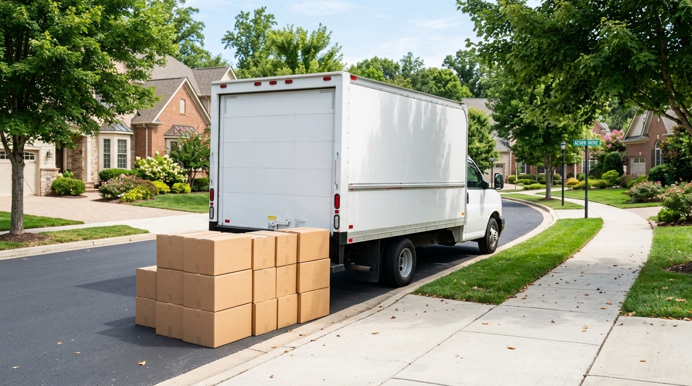 A professional moving truck parked on a sunny tree-lined residential street.
