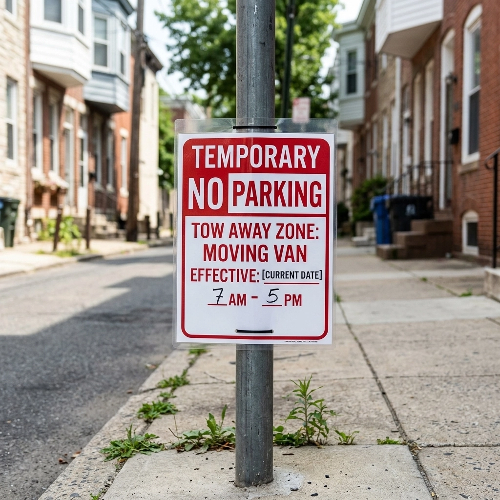 A Temporary No Parking permit sign attached to a metal pole on a Philadelphia sidewalk.