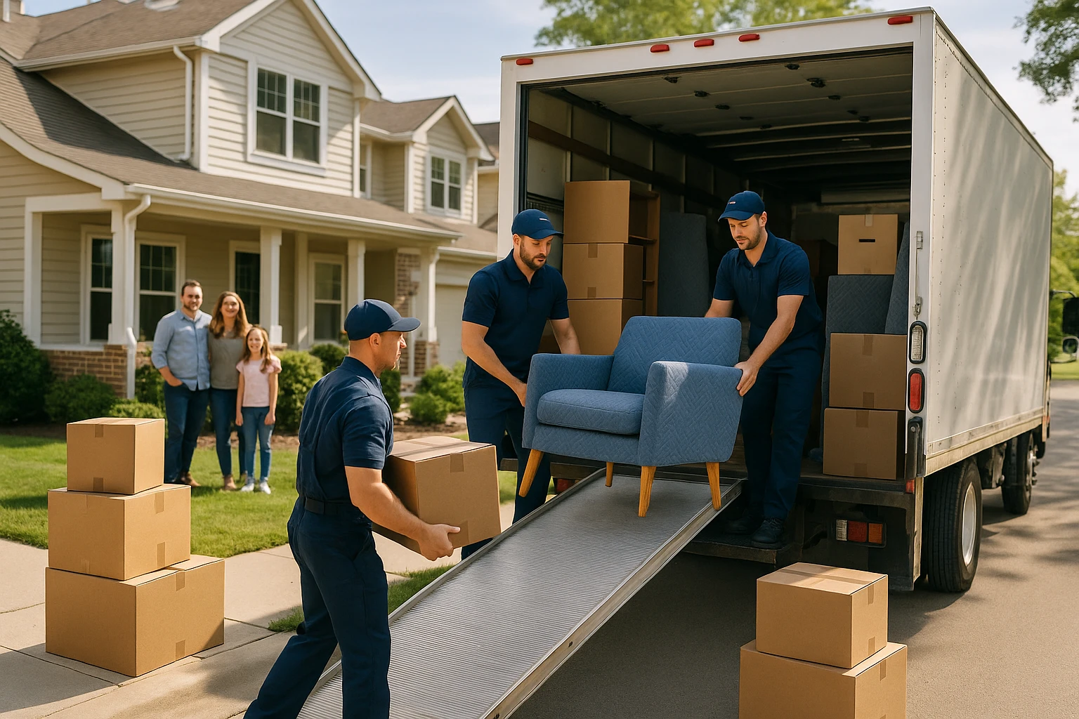 A moving truck parked in a residential neighborhood, with movers in branded uniforms efficiently loading furniture and boxes, while a satisfied family happily observes from their porch.