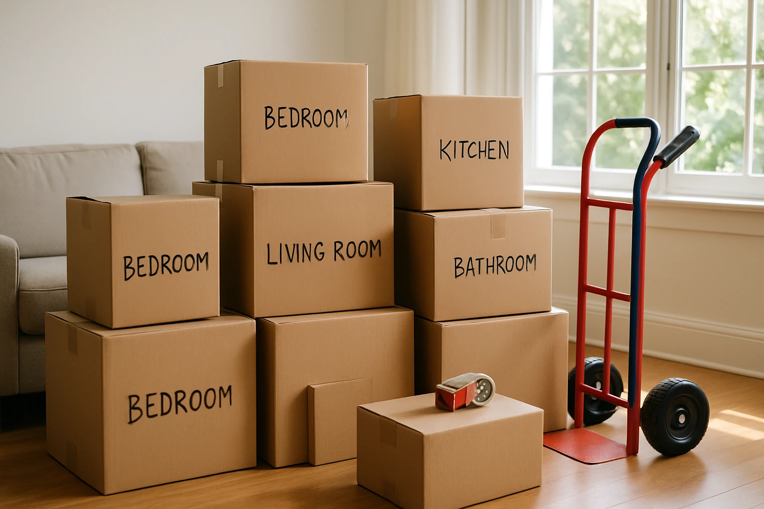 A variety of moving boxes labeled with room names stacked neatly in a bright, sunlit living room, with a dolly and packing tape nearby, ready for the moving process.