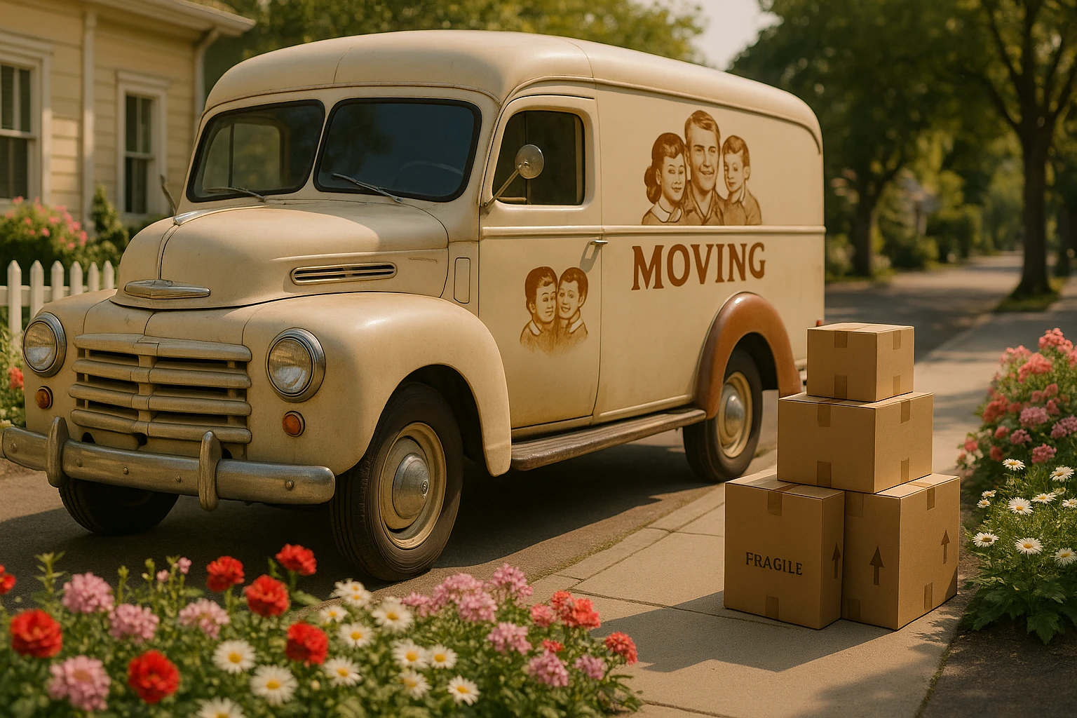 A vintage moving van with a hand-painted logo of a family-owned business parked on a quaint street, surrounded by blooming flower beds and a white picket fence, with neatly packed boxes labeled