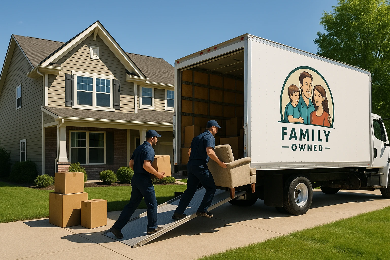 A moving truck with the logo of a family-owned company parked in front of a cozy suburban home, with movers carefully loading furniture and boxes onto the truck under a clear blue sky.